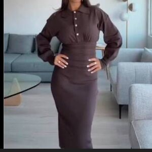 Commense NWT brown midi dress with gold buttons, body con knit sweater ribbed